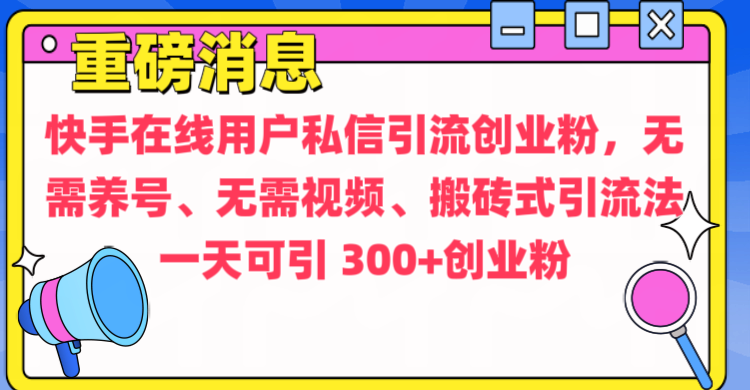 通过给快手在线用户私信引流创业粉，无需养号、无需视频、搬砖式引流法，一天可引300+创业粉-文言网创